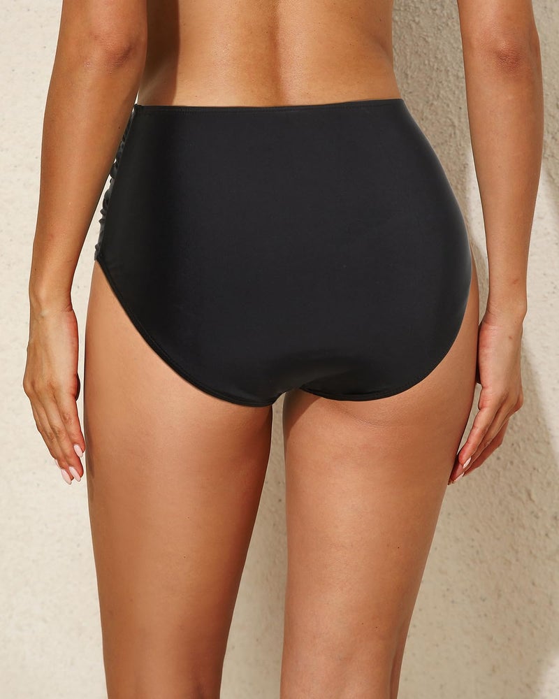 Tempt Me Women Retro High Waist Bikini Bottom Black Ruched Swim Brief Bottom XS - Image 2